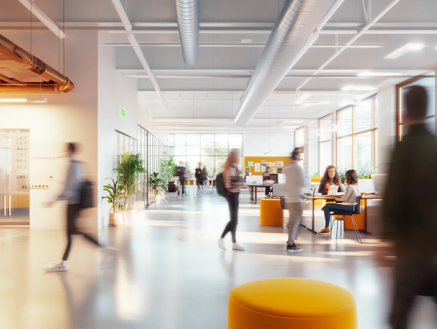 A blurry photo of people in an office