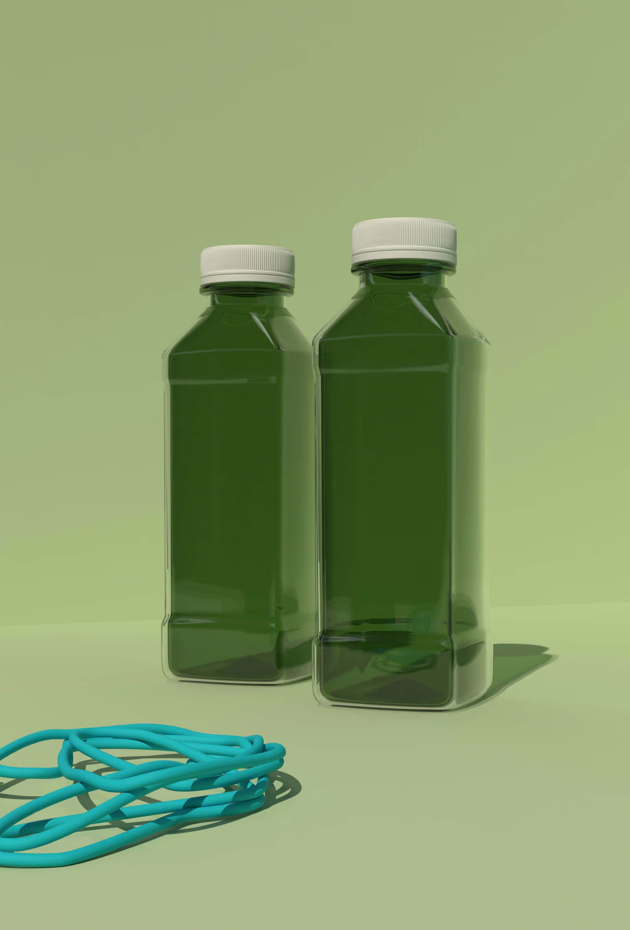 A pair of green bottles sitting on top of a table